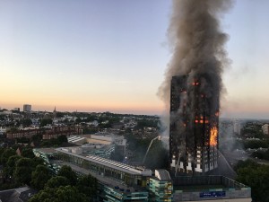 Ablaze Grenfell Tower in West London on June 14 2017. Both the exterior cladding and the polyisocyanurate insulation are now considered as the main reasons for the rapid spread of the fire.