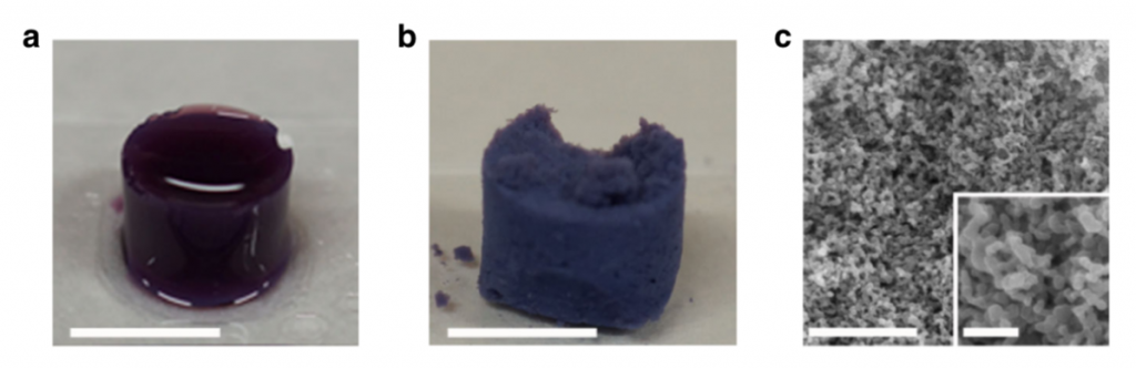 a) Standalone SCG b) corresponding SAG; scale bars: 1 cm. c) Representative FESEM image of SAG and a magnified view of the material; scale bars: 1 μm, and (inset) 200 nm.